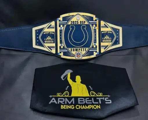 Close-up of NFL director of sports performance award belt featuring 24k gold plating and hand-engraved plates