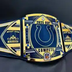 Personalized Indianapolis Colts championship belt with deep hand-engraved metal plates and custom logos