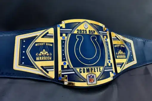 Personalized Indianapolis Colts championship belt with deep hand-engraved metal plates and custom logos