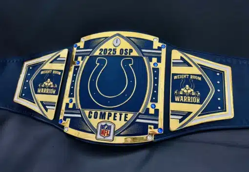 Custom NFL sports leadership award belt with Colts branding and zirconia gemstone accents