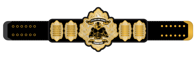 Custom fantasy football championship belt featuring 4th and Long Dongs logo with engraved nameplates