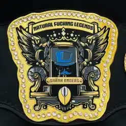 Custom fantasy football championship belt with gold plates and engraved center plate, designed from AI artwork.