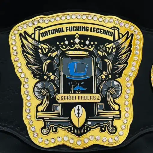 Custom fantasy football championship belt with gold plates and engraved center plate, designed from AI artwork.