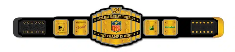 Coastal Fantasy Football League custom champion belt in gold and black with side nameplates