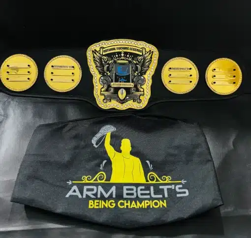 Fantasy football league title belt with removable nameplates and gemstone detailing.