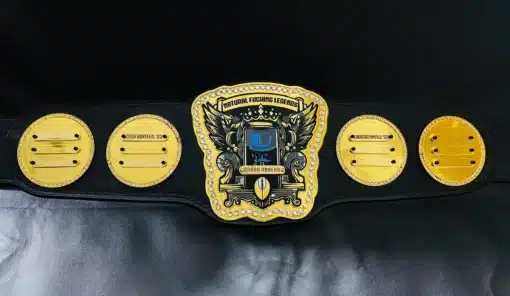 Close-up of AI-crafted fantasy football belt with engraved nameplate and premium gold plating.