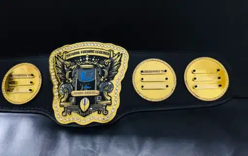 HD engraved fantasy football trophy belt with real leather strap and gold-plated finish.