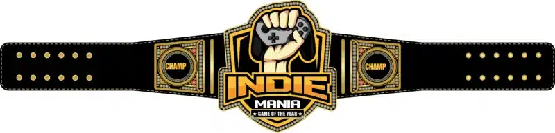 Indie Mania Game of the Year belt with game controller logo and gem-studded borders
