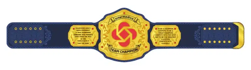 lue and gold Intermedica team champion belt with motivational quotes and custom center plate
