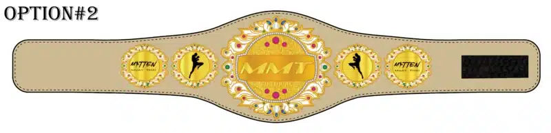 Beige strap Muay Thai belt with fighter silhouettes and MMT logo in gold with gemstone border