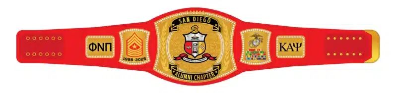 Red military-themed belt for San Diego Alumni Chapter with rank and ribbon symbols