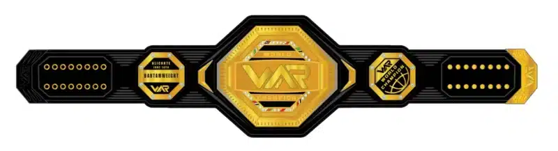 lack and gold octagon-style MMA belt with hex plates and global branding
