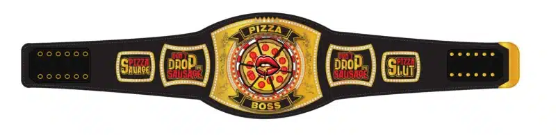 Black and gold championship belt with a pizza design and humorous side plates