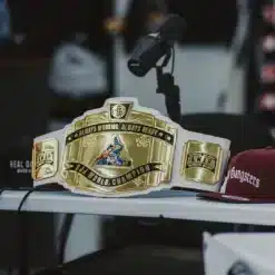 Custom BJJ World Champion belt with gold-plated plates and real leather strap for martial arts events.