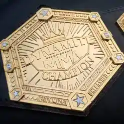 Custom-designed Dynamite MMA Championship Belt with gold plating and black leather strap