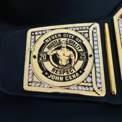Front view of John Cena 17-Time WWE Undisputed Championship Belt replica with gold plating and stacked plates