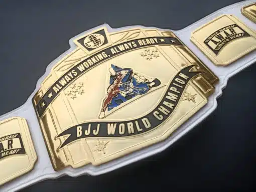Personalized Jiu Jitsu world title belt featuring engraved plates and customizable logos.