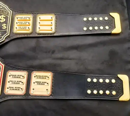 Custom team recognition belt for celebrating major achievements with engraved nameplates.