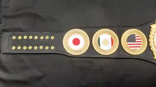 Left side of the championship belt showing flag side plates from Japan, Mexico, and USA on genuine leather