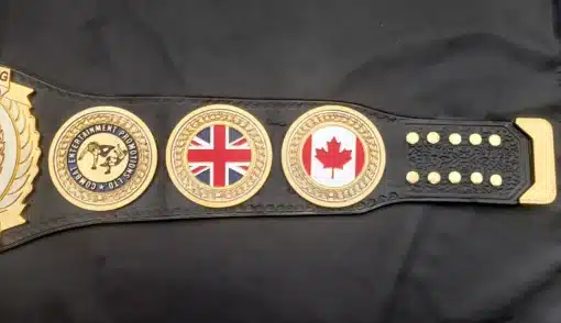 Right side of the belt displaying side plates with UK, Canada, and promotion logo on detailed leatherwork