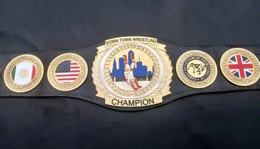 Full front display of the Downtown Wrestling Belt featuring main plate and 6 custom side plates
