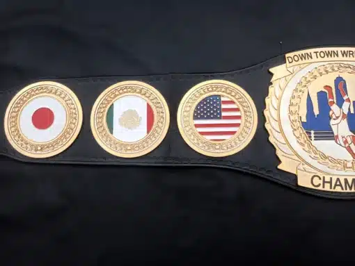 Detailed side plates featuring national flags of major wrestling nations crafted into a custom belt
