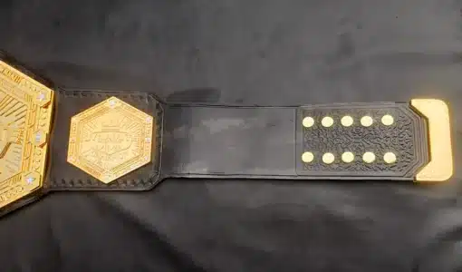 Black leather MMA belt strap with gold snap closure and gold tip
