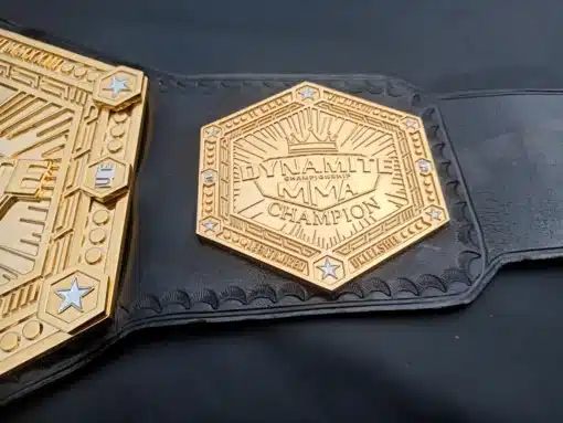 Side view of gold-plated octagon plate on MMA title belt