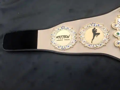 Fully customized Muay Thai belt for gyms, leagues, or independent promotions