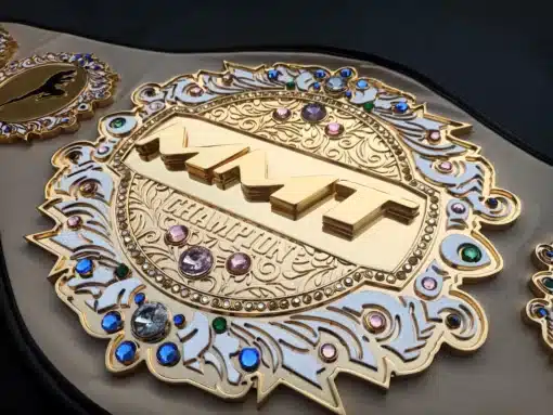 Custom Muay Thai championship belt with dual-plated design