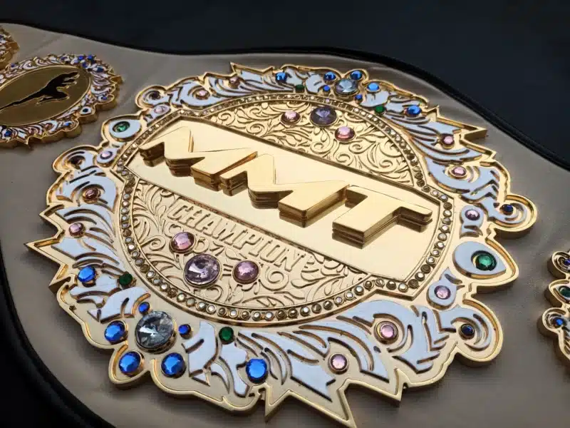Custom Muay Thai championship belt with dual-plated design