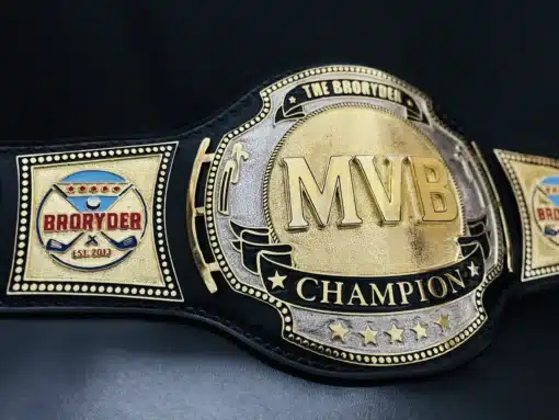 Close-up of fantasy football MVB belt with gold center plate