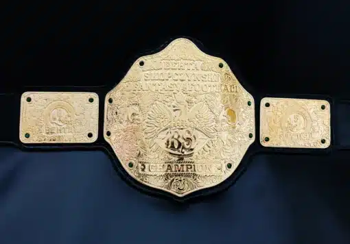 Premium gold fantasy football trophy belt for league champion with engraved BS logo