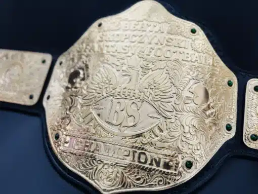 Ultimate fantasy football prize belt with deep-etched gold plates and team details