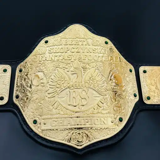Custom fantasy football gold championship belt with personalized nameplates for 2025 winner