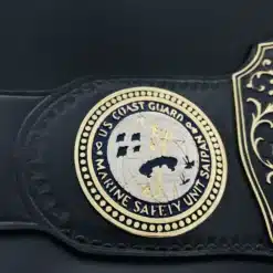 Black and gold engraved BBQ belt for US Coast Guard cookout competition