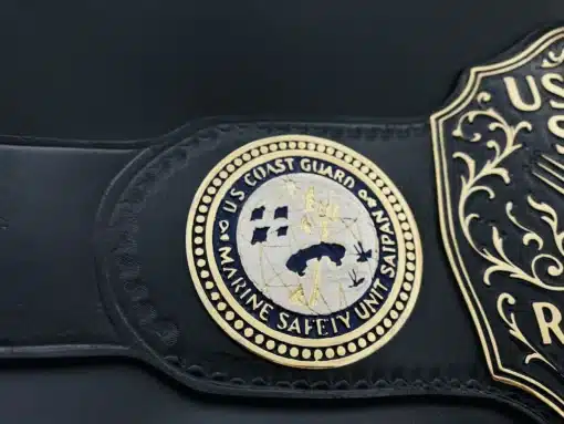 Black and gold engraved BBQ belt for US Coast Guard cookout competition