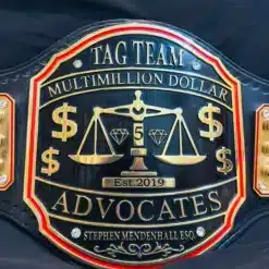 Custom corporate sales award belt with gold-plated plates and engraved nameplates for top performers.
