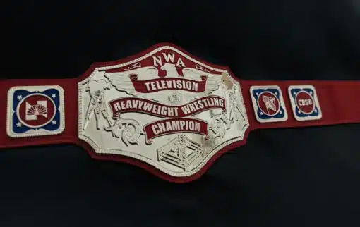 Close detail of 5mm deep engraving on NWA television wrestling belt.
