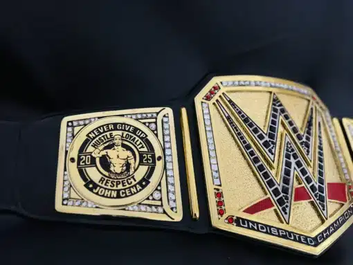 Close-up of deep HD engraving on John Cena custom wrestling championship belt