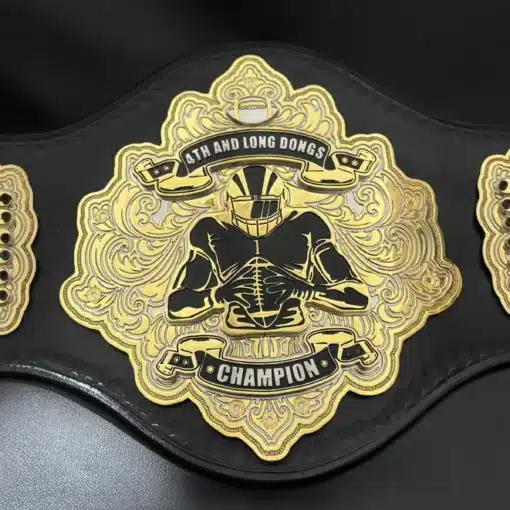 Fantasy football championship belt with 24k gold plated stacked main plate and football artwork