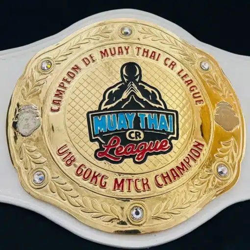 Fully customized Muay Thai fighting league championship belt with personalized center plate design