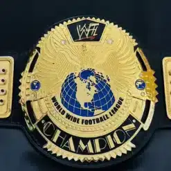 Custom fantasy football championship belt with gold plates and globe design