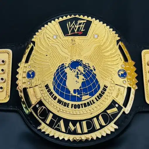 Custom fantasy football championship belt with gold plates and globe design