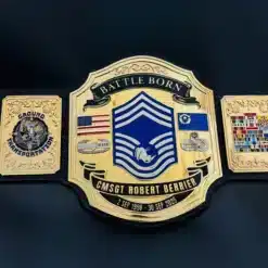 Military retirement gift belt for USAF CMSGT with gold plates and personalized leather strap