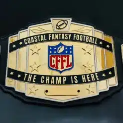 CFFL fantasy football champion belt with engraved text and gold plating