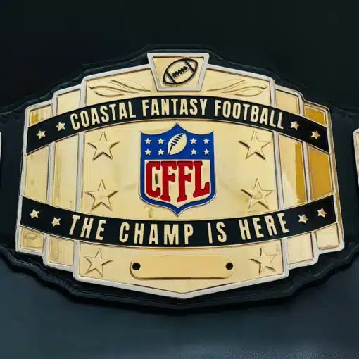 CFFL fantasy football champion belt with engraved text and gold plating