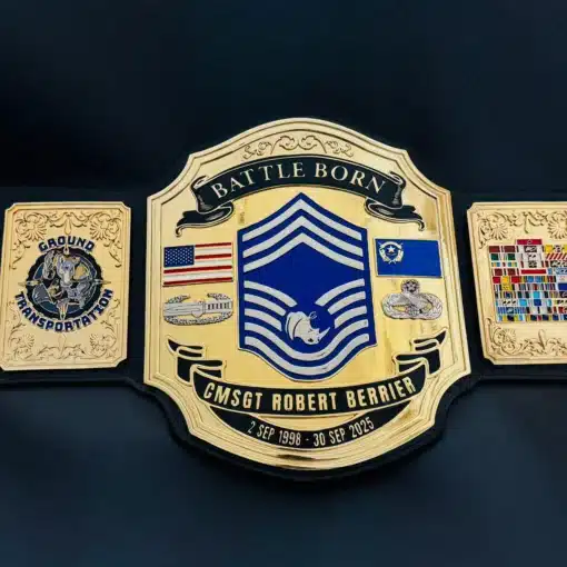 Military retirement gift belt for USAF CMSGT with gold plates and personalized leather strap
