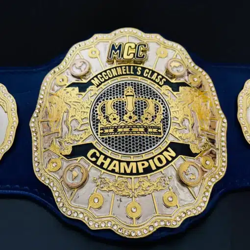 Center plate of custom student belt with gold crown and lions