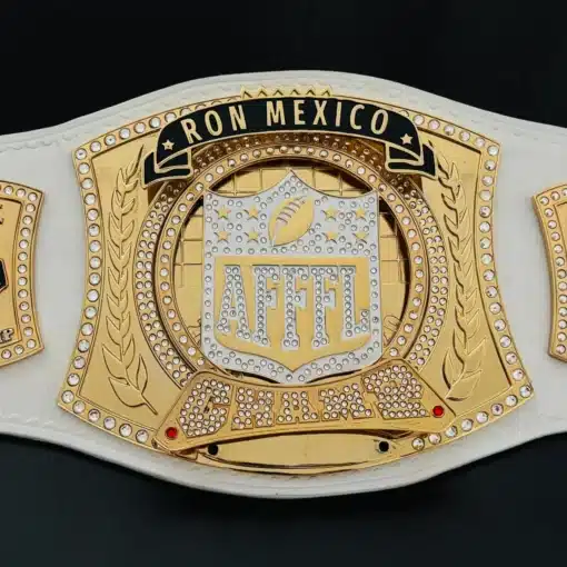 Premium fantasy football belt with custom spinner plate and gold finish for league champions